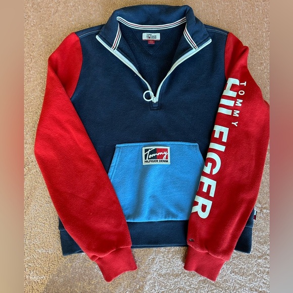 Tommy Hilfiger Denim Half Zip Sweatshirt Sz Small/XS  Soft  Kangaroo Pocket Y2K - Picture 1 of 7